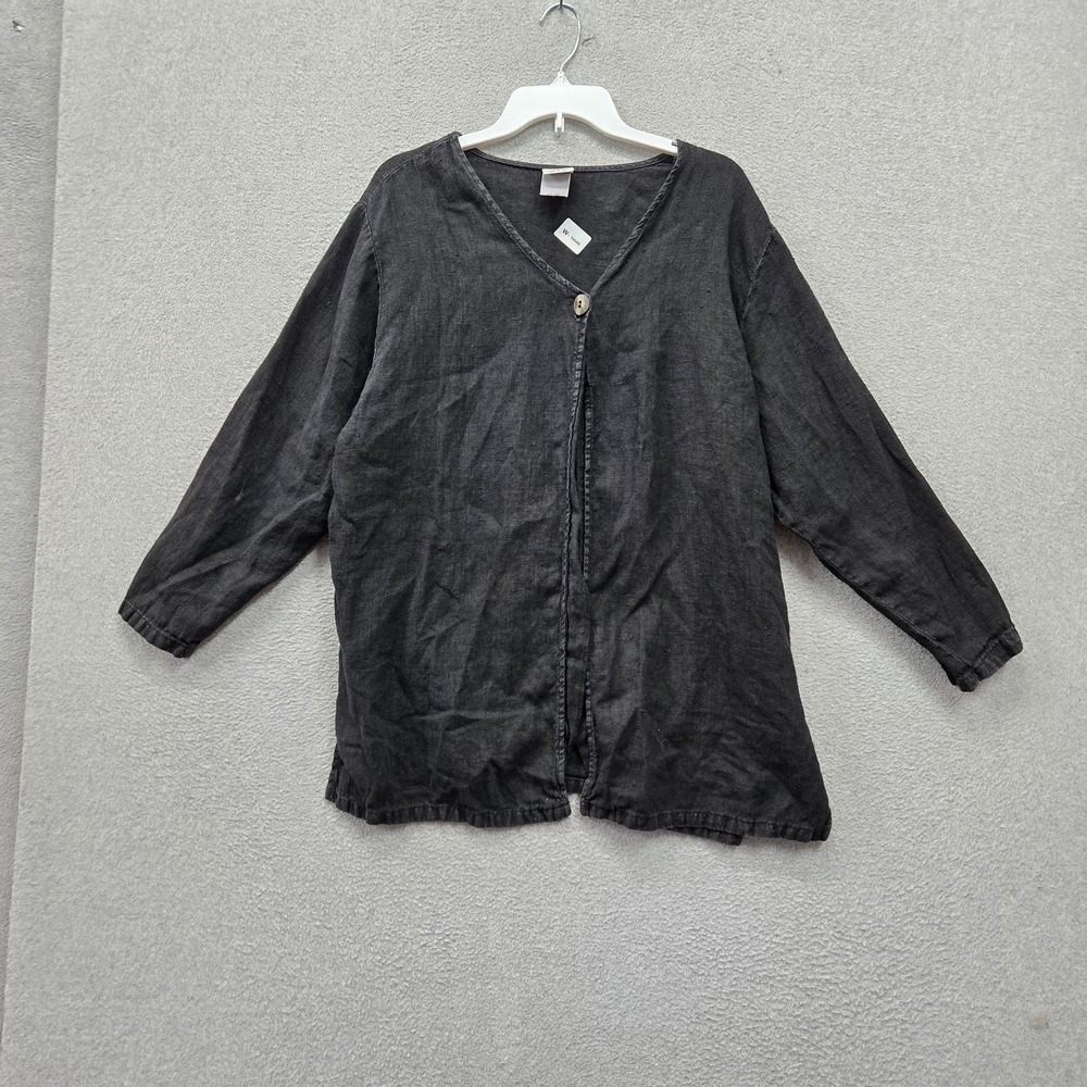 VINTAGE Marc Ware Women Top 1X Black 100% Linen Blouse Button Front Lightweight